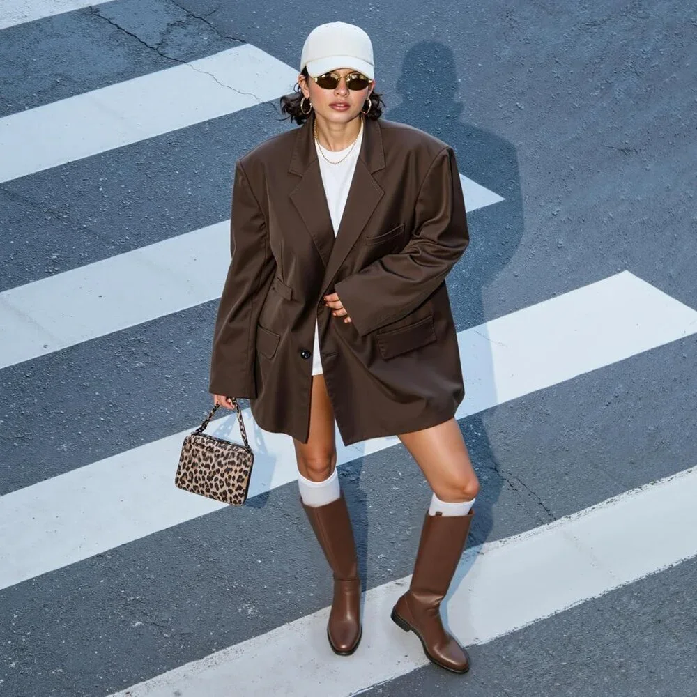 Women's A-brown Rounded Toe Flat Low Chunky Zip Heel Knee High Boots